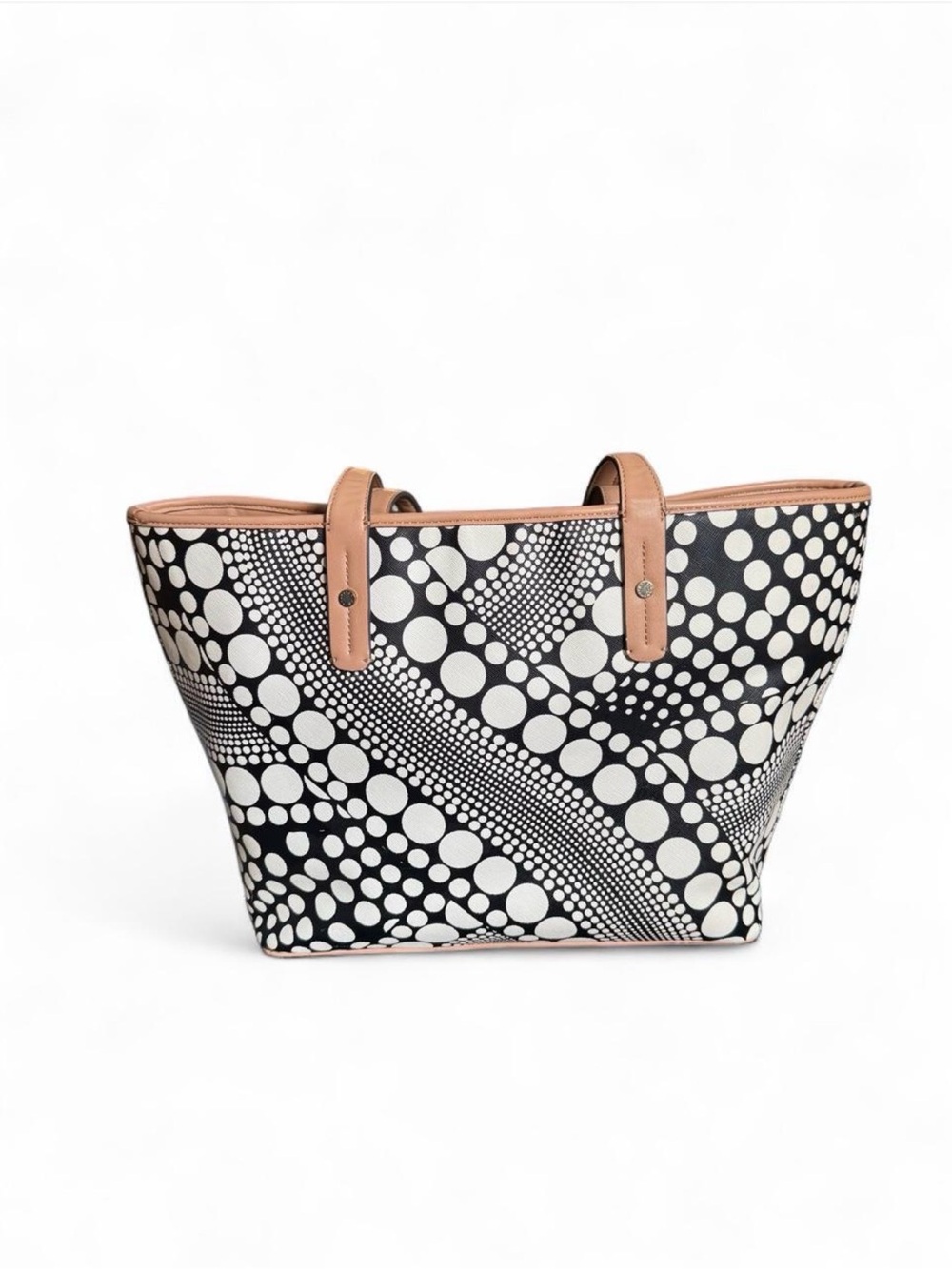 Black, tan  & White Dot Pattern Tote with Tan Trim